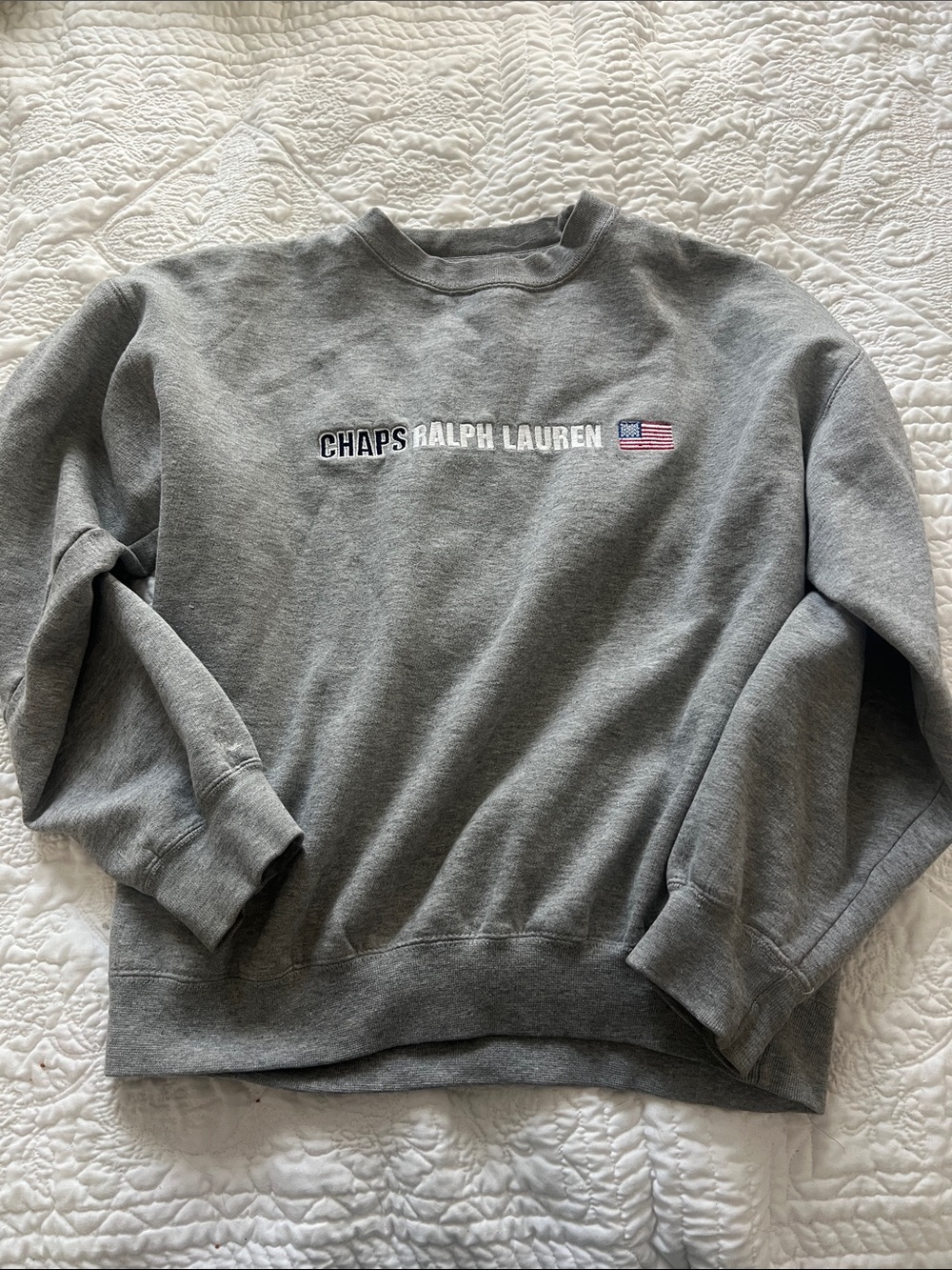 Chaps Ralph Lauren Grey Crewneck with Embroidered Logo & Flag